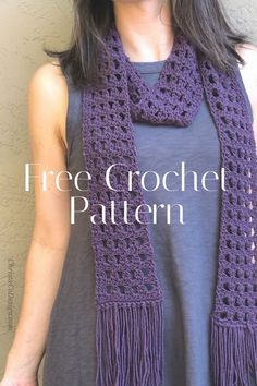 a woman wearing a purple crochet scarf with fringes on her neck and the words free crochet pattern