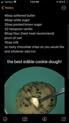 a cookie dough on a blue plate with a spoon in it and the recipe below