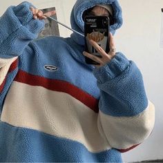 Blue Sherpa Hoodie Only Retro, Street Style Brand New, Never Worn Or Taken Out Of Package Men’s Large Korea Style Fashion, Patchwork Sweatshirt, Embroidery Hoodie, Loose Coats, Korea Style, Striped Sweatshirts, Loose Outfit, Korea Fashion, Loose Tops