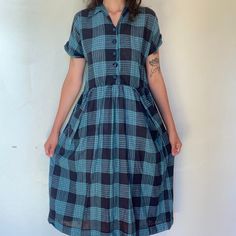 50s cotton green, navy and turquoise plaid midi house dress with pockets mismatch replaced button (4th one down) and some minor holes on the hem shown in last pic pit to pit: 22in shoulders: 23in sleeve: 4in waist: 17in length: 50in Navy And Turquoise, Green And Turquoise, First Down, Pretty Stuff, Navy Green, House Dress, Dress With Pockets, Navy And Green, Dress Clothes For Women