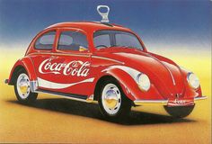 an old red car with a coca cola sign on the side