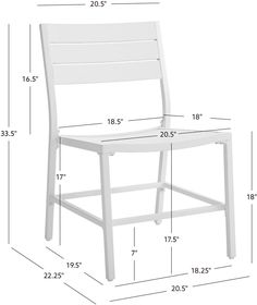 a white plastic chair with measurements for the seat and back side, shown from the front