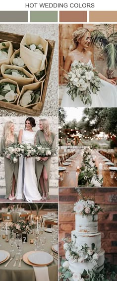 wedding color palettes for the bride and groom in shades of gray, green, white