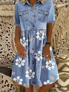 Denim Shirt Dress Women, Printed Denim Dress, Printed Denim Shirt, Denim Button Up Dress, Pocket Maxi Dress, Button Shirt Dress, Denim On Denim, Dress Women Elegant, Womens Vintage Dresses