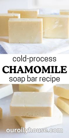 soap bars stacked on top of each other with text overlay that reads cold process chamomile soap bar recipe