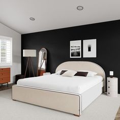 a bedroom with black walls and white carpet