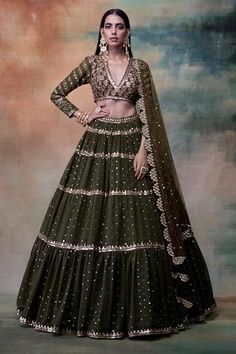 Shop for Vvani by Vani Vats Green Embroidered Lehenga Set for Women Online at Aza Fashions Lehenga Fits, Designer Lahangas, Indian Engagement, Gold Lehenga, Black Lehenga, Lehnga Dress, Designer Bridal Lehenga, Salwar Kamiz, Embroidered Lehenga