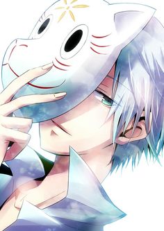 an anime character with white hair and blue eyes is holding his hand to his face