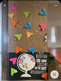 the future of this world is in the classroom bulletin board with origami airplanes