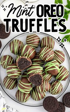 chocolate covered oreo truffles on a white plate with mint sprigs