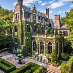 an old mansion with ivy growing on it's walls and landscaping around the entrance