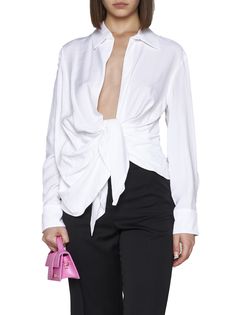 88% Viscose, 12% Polyamide | Jacquemus Women's Shirt bahia in White | SS24 Twill Shirt, Shoulder Shirts, Yoga Wear, The Chic, Cotton Sweater, Asymmetric Hem, Women's Shirt, Mother Of Pearl, Dress To Impress