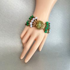 Vintage Miriam Haskell Green Bracelet, Gold Tone Multi Strand Jade Glass Bead Bracelet, Midcentury Collectible Signed Jewelry, Gift for Her. - Etsy Vintage Beaded Bracelets For Jewelry Making, Vintage Green Jubilee Bracelet, Vintage Green Beaded Bracelets, Formal Beaded Costume Jewelry Bracelets, Bohemian Beaded Bracelets For Formal Occasions, Vintage Polished Beads Bracelet Jewelry, Vintage Faceted Beads Bracelet, Vintage Polished Beads Bracelet, Vintage Polished Bead Bracelet