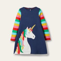 Ccmom Toddler Girl Unicorn Appliqu Long Sleeve Dress Color: Multi Size: 12-24m Condition: New! Product Details: 100% Cotton Machine Wash, Tumble Dry Imported Playful Rainbow Cotton Dresses, Rainbow Cotton Dress For Playtime, Rainbow Cotton Playtime Dress, Playful Pink Unicorn Print Dress, Cute Multicolor Long Sleeve Dresses, Playful Multicolor Long Sleeve Dress, Playful Long Sleeve Blue Dresses, Cute Blue Dress With Cartoon Print, Cute Blue Cartoon Print Dress