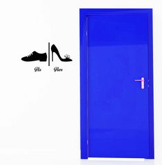 a blue door with high heels on it and the word shoes written in black ink