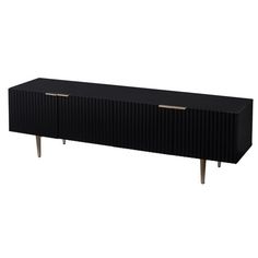 the sideboard is black and has two brass handles