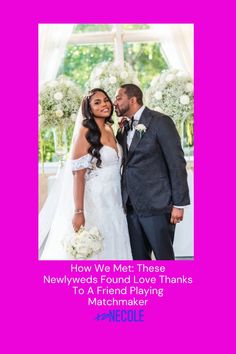 a bride and groom posing for a wedding photo with the words how we met there newly married to a friend playing matchmaker