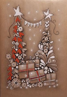 a card with presents on it and stars around the edges, all in brown paper