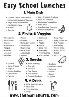 the easy school lunch list is shown with instructions for how to make it and what to eat