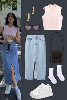 Outfit Inspo | Pink Sleeveless V Neck Sweater Top and Denim Midi Skirt with Front Slit  | with Black Leather Shoulder Bag and White Sneakers | Outfit Inspiration | Skirt Outfit Ideas | Summer Outfits | Women's Fashion Birthday Dresses Jeans Top, Black Skirt With Pink Top, Pink Top And Denim Skirt Outfit, Denim Skirt And White Top, Quick Outfit Ideas Summer, Denim Midi Skirt Outfits, Basic Birthday Outfits, Denim Midi Skirt Outfit Summer, Denim Top Outfit Ideas