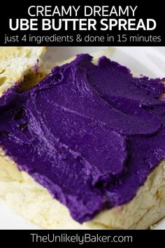 a white plate topped with bread covered in purple icing and text overlay reading creamy dreamy ube butter spread just 4 ingredients & done in 15 minutes