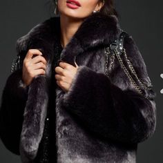 Ds Luxe Fabulous Furs The Iconic Collection Jacket. Chain Reaction Griphite Mink. Style: Stand Up Collar, Three European Hook And Ring Closures, Faux Leather Studded Epaulets With Four Chain Attachments That Drape Over And Under Arm , Faux Leather Shoulder Tabs And Satin Lining.Beautiful ,Cozy And Warm Luxury Party Outerwear With Faux Fur Trim, Edgy Outerwear For Fall Evenings, Edgy Evening Winter Outerwear, Edgy Evening Outerwear For Winter, Edgy Evening Outerwear For Fall, Luxury Fall Party Outerwear, Women's Ponchos & Wraps, Kids Vest, Fur Jackets