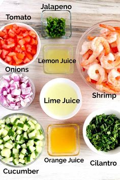 ingredients for shrimp salad laid out in bowls