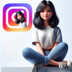 a woman sitting on top of a white counter next to an instagram sign with the image of two women behind her