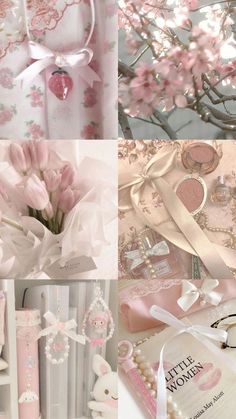 a collage of pink and white images with flowers in vases, cards, jewelry and other items