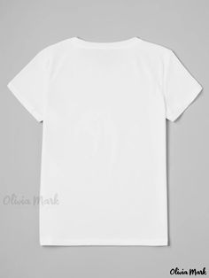 Olivia Mark - Letter & Graphic Print T-shirt, Casual Short Sleeve Crew Neck Top, Women's Clothing Solid Color Graphic Tee With Text Print, Solid Color Short Sleeve T-shirt With Text Print, Basic White Print Short Sleeve T-shirt, Basic White Print Short Sleeve Tops, White Print Short Sleeve Basic Tops, White V-neck T-shirt With Letter Print, White V-neck Top With Text Print, Top For Summer, Crew Neck Top