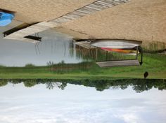 two boats are docked at the end of a wooden dock on a lake shore with grass and trees in the background