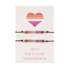 Introducing our Beaded Lesbian Couple Bracelet Set 2PC - a beautiful and meaningful way to show your love and support for the LGBTQ+ community with this lesbian pride jewelry. The set includes two bracelets, each featuring a strand of colorful beads in the Sunset Lesbian Pride Flag, specifically designed as a lesbian flag bracelet. The beads are interspersed with delicate silver-colored spacers, adding a touch of elegance to the design of this lesbian bead bracelet. These Beaded Lesbian Couple B Lesbian Flag Bracelet, Flag Bracelet, Pride Jewelry, Lesbian Pride Flag, Pride Flag Colors, Pride Jewellery, Pride Bracelet, Couple Bracelet, Lesbian Flag