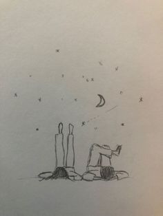 a drawing of two people sitting on the ground with stars in the sky above them