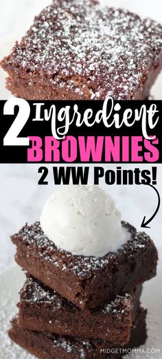 two brownies stacked on top of each other with whipped cream in the middle and text overlay reading 2 ingredient brownies