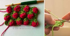 crochet stitches and yarn being used to make a flower ornament with red flowers