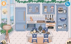 the kitchen is decorated in blue and white