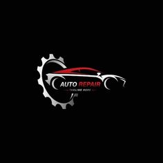 the auto repair logo is shown on a black background with a red car in the center