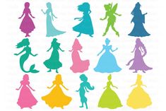 the silhouettes of disney princesses are shown in different colors and sizes, including one with