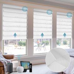 an image of a bedroom with white blinds and blue arrows on the window sill