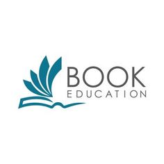 the book education logo with an open book on it's left side and blue leaves in