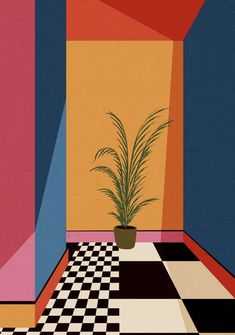 a potted plant sitting on top of a black and white checkered floor