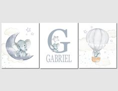 three children's nursery art prints featuring an elephant and a hot air balloon with the letter g