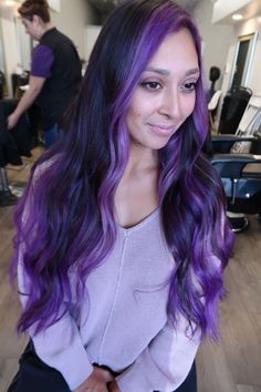 Purple Ombre Hair With Money Piece, Brown Hair With Purple Money Piece Highlights, Purple Hair With Lavender Front Pieces, Purple Ombre On Black Hair, Purple With Money Piece, Black With Purple Money Piece Hair, Purple Balayage With Money Piece, Face Framing Purple Highlights, Dark Hair Purple Money Piece