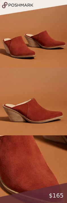 Anthropologie Suede Mules Size 39 (size 8/8.5) muted dark red-orange Anthropologie Suede Mules. Slip on these suede mules featuring a dramatic sloping heel. They pair beautifully with wide-leg pants and cropped jeans alike. NIB, sent from Anthro warehouse in plain brown box.  - Suede upper - Leather insole - Rubber sole - Stacked leather heel - Slip-on styling - Made in Spain  Dimensions - Heel Height: 3 - Fits like a size 8 (wide foot) or size 8.5 (normal width) Anthropologie Shoes Mules & Clog Casual Orange Slip-on Heels, Casual Orange Closed Toe Mules, Chic Orange Slip-on Heels, Casual Orange Heels, Chic Orange Leather Mules, Casual Orange Mules For Spring, Anthropologie Shoes, Suede Mules, Brown Box