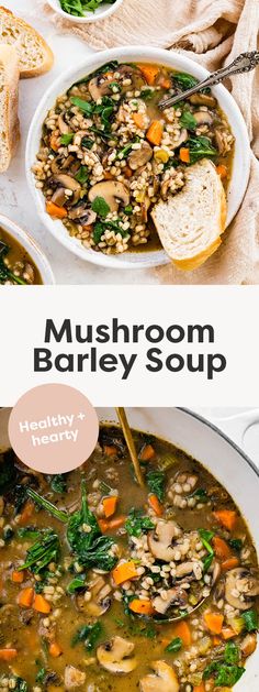 mushroom barley soup in a white bowl with bread on the side