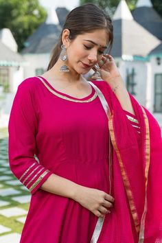 Rani Gota Kurta And Palazzo With Doria Dupatta Product Features: Color: Rani Pink Fabric: Cotton Work: Gota Work Neckline: V Neck Dupatta: With Dupatta Package Content: Kurta, Bottom and Dupatta Occasion: Festival Disclaimer: There will be slight difference in digital to actual image Hot Pink Anarkali, Plain Anarkali Suits, Pink Anarkali, Rani Pink, Gota Work, Anarkali Kurta, Anarkali Suit, Kurta Set, Pink Fabric