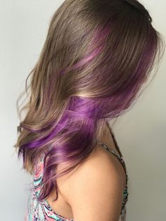 Dyed Hair Ideas For Kids, Peekaboo Hair Medium Length, Purple Highlights Light Brown Hair Peekaboo, Cute Hair Colors For Dark Brown Hair, Peekaboo Hair Color Brunettes Purple, Bright Hair Colors For Brunettes, Fun Hair Color Ideas For Light Brunettes, Colorful Streaks In Brown Hair