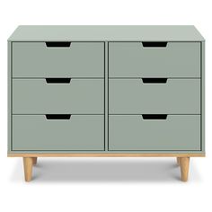 a grey dresser with four drawers and two wooden legs on the bottom, in front of a white background