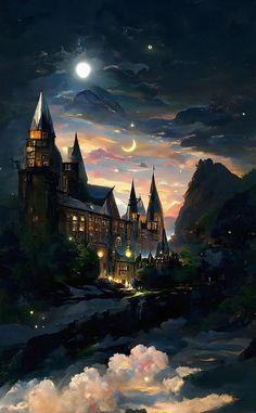 a painting of a castle at night with the moon in the sky and clouds around it