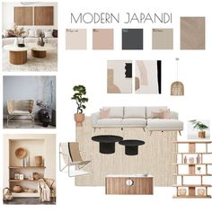 modern japanese interior design mood board with neutrals and beiges in the living room